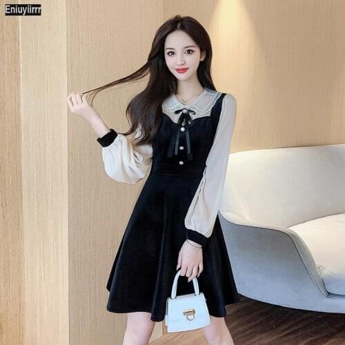 Women Winter Spring Basic Wear Outside Velvet Elegant Party Patchwork Sheer Mesh Bow Tie Black Mini Shirt Dress