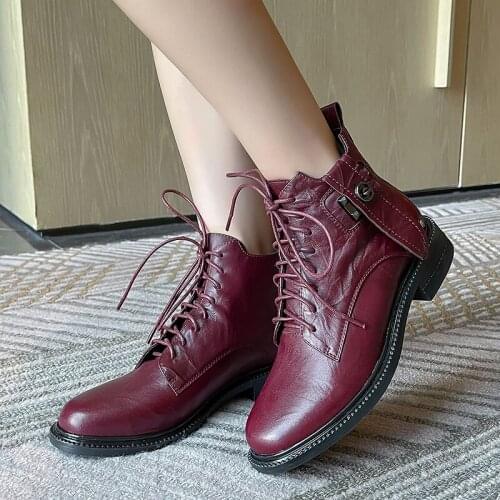 QZYERAI Ankle Boots Women Genuine Cow Leather Lace-Up Round Toe Lady Booties Autumn Winter Platform Sole Shoes Handmade