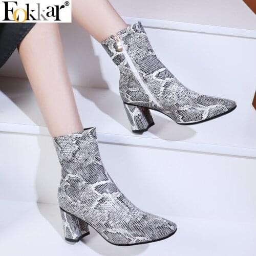 Eokkar 2020 Sankle Print Women Mid Calf Boots All Match Synthetic Square High Heel Winter Square Toe Ladies Boot Size 34-43