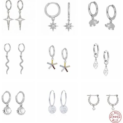 GS 925 Sterling Silver Elephant Snake Pendant Dangle Earrings For Women Spike Zircon Star Charm Circle Drop Earrings Jewelry