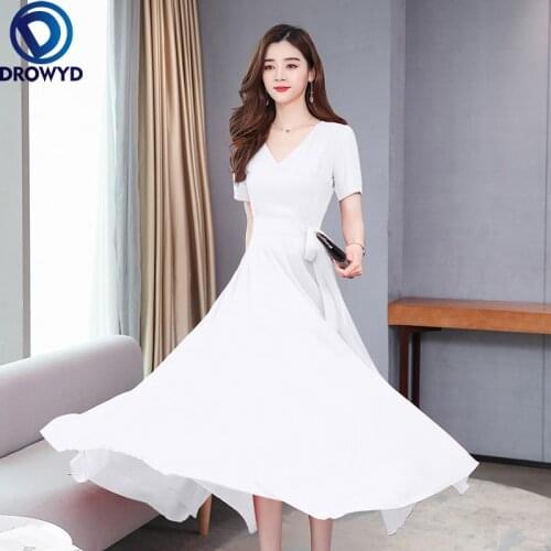 2021 Vintage Solid Short Sleeve Beach Maxi Dresses Spring Summer v-neck Chiffon Midi Dresses Women White Bodycon Party Vestidos
