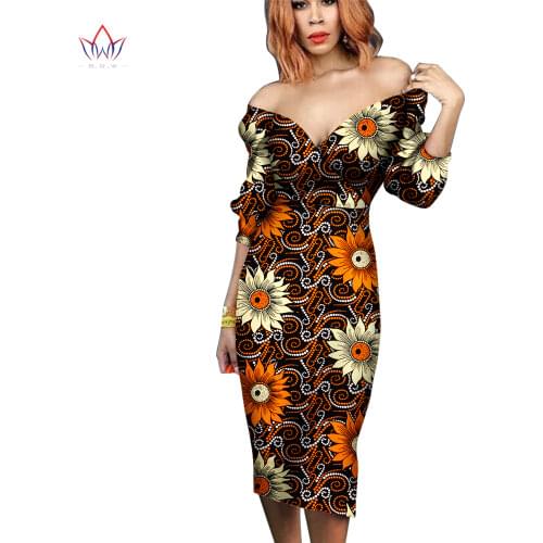 Bazin Riche African Dresses for Women Dashiki Ankara Print Sexy Off Shoulder Dresses Vestidos Women African Clothing WY6966