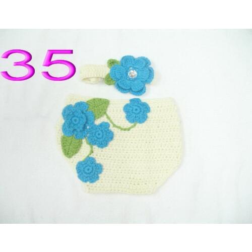 Free shipping,baby Crochet blue Flower Vine Diaper/ Nappy Cover with Matching headband Set Photo props