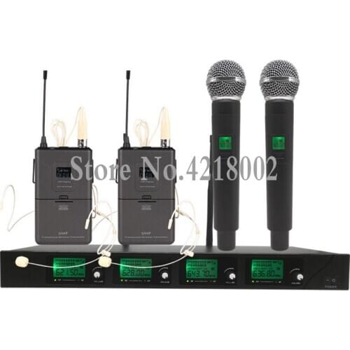 Pro UHF Wireless Microphone Mic System 4 Channel Dynamic Karaoke Stage Performance Conference 2 Handheld Headset Mic Microphone