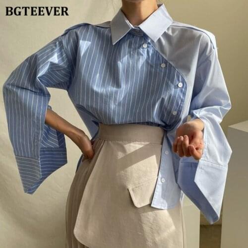 BGTEEVER Chic Ladies Lapel Striped Women Blouses Split Sleeve Irregular Buttons Female Shirts Casual Patchwork Blusas Mujer 2021