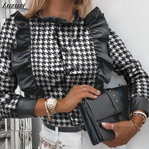 Luzuzi Black Plaid Print Spring Autumn Women Blouses Casual Cardigan Ruffled Collar PU Leather Shirt Elegant Slim Office Blouse