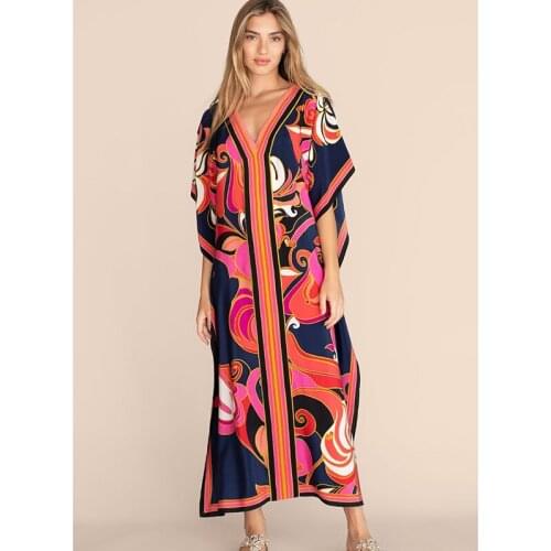 Bohemian Dress Print Beach Cover up Pareos de Playa Mujer Over size Swimsuit Cover up 2021 Robe Plage Kaftan Tunic Maxi Dress
