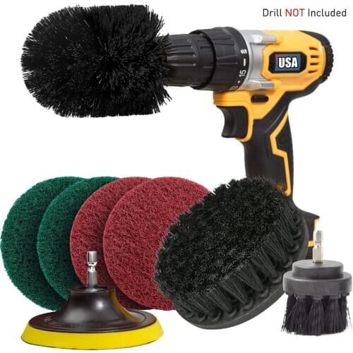 Black color 8 Piece Drill Brush Attachment Set Scouring Pads Power Scrubber Brush Scrub Pads Cleaning Kit-All Purpose Cleaner
