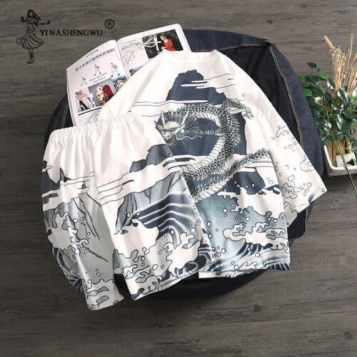 Men Japanese Kimono Set Cardigan Men Yukata Women Kimono Traditional Top and Pants Summer Beach Thin Casual Shirt Japan Kimono