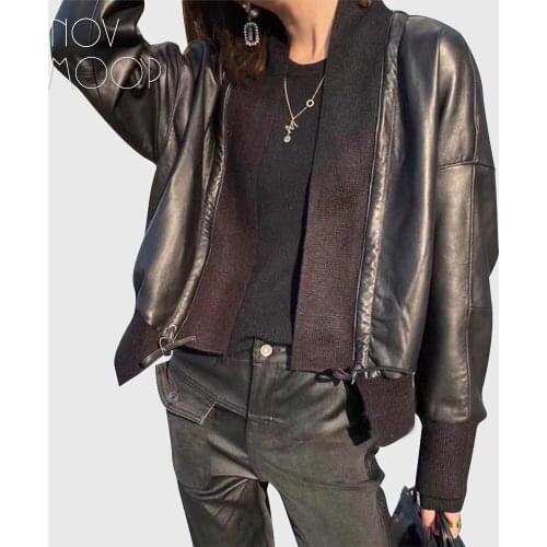 Novmoop sheepskin genuine leather kimono style women short coat drop shoulder sleeve wide chest size free style ins hot LT3524