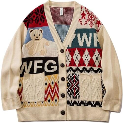 Men Knitted Cardigan Little Bear Sweater Fall/Winter 2021 Streetwear Harajuku Hip Hop Sweatshirt Fashion Couples Wild Knit Coats