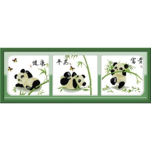 Joy Sunday Lucky Three Pandas Cross Stitch Kits Embroidery Needlework Sets 11 &14CT Cross Stitch Cotton Decorations for Home