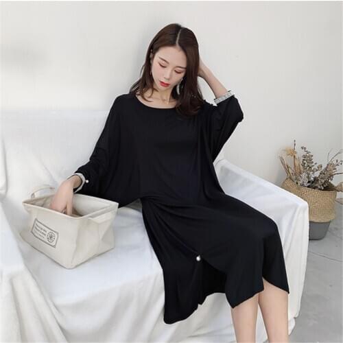 Nightdress plus size cotton 2020 spring and summer black long-sleeved пижама can be worn outside loose home service