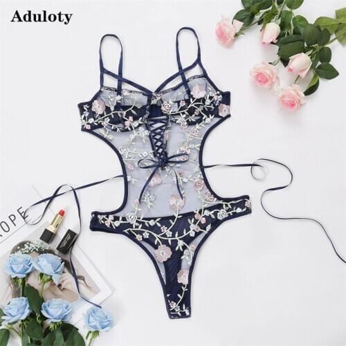 2021 Hot sale new womens sexy lace embroidered lace-up tops backless teddy bodysuit underwire bras thin mesh erotic lingerie