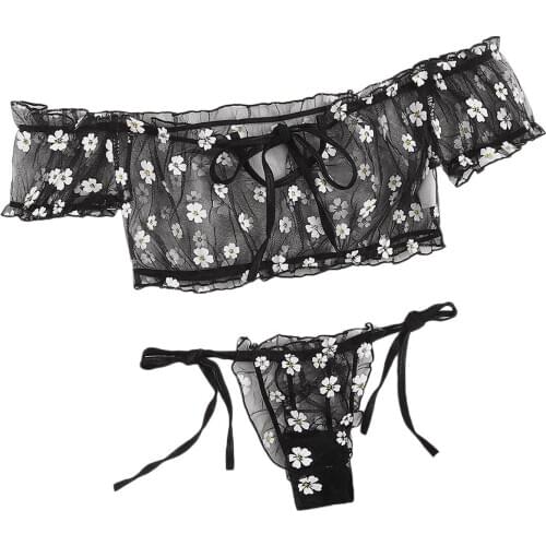 New Womens Floral Mesh Lingerie Set Frill Bra and Self Tie Thong Panty Suit Summer Sexy Pajamas Swimsuit 2Pcs Sets