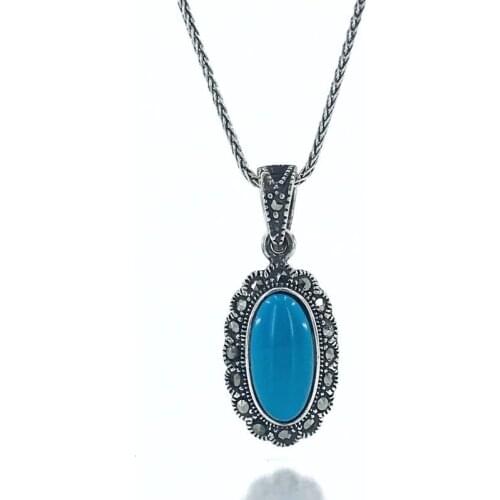 Oval Cut Turquoise Gemstone Marcasite Silver Necklace