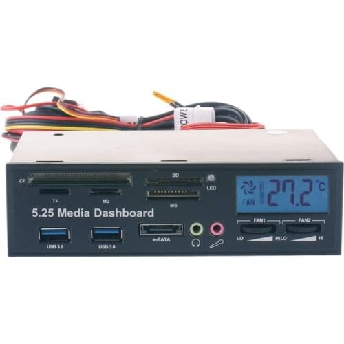 Media Dashboard 5.25 Optical Drive Panel USB3.0 6Gbps ESATA HUB with LCD CPU Temperature Display for PC Desktop Computer