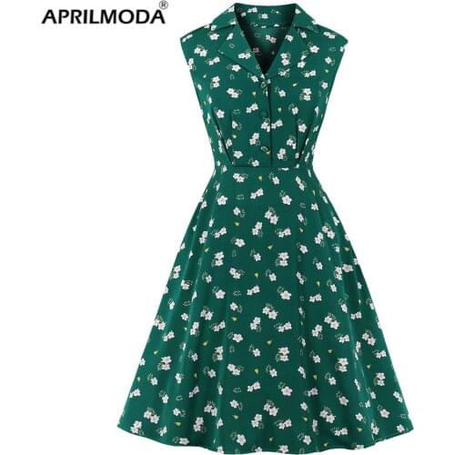 Retro Vintage Office Womens French Swing Dress Green Red Female Beach Bohemian Turn Down Collar Button Chiffon Floral Sundress