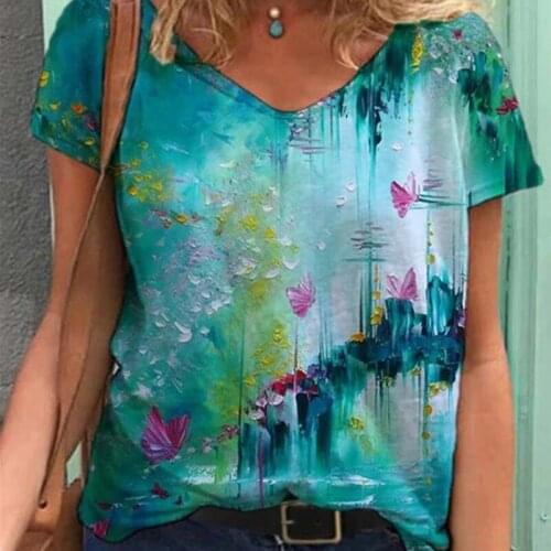 Casual Floral Print Pullover Summer Loose All-Match Ladies T-Shirt Womens Fashion V-Neck Short Sleeve Tops Wholesale