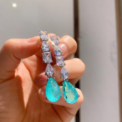 QTT Aesthetic Long Hanging Earrings Paraiba Emerald Water Drop Tourmaline Gemstone Fashion Earrings Temperament Fine Jewelry