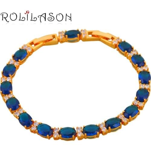 ROLILASON New Designer Brand Distinctive golden Bracelets navy Blue Zircon for Women wedding Fashion Jewelry TBS1111