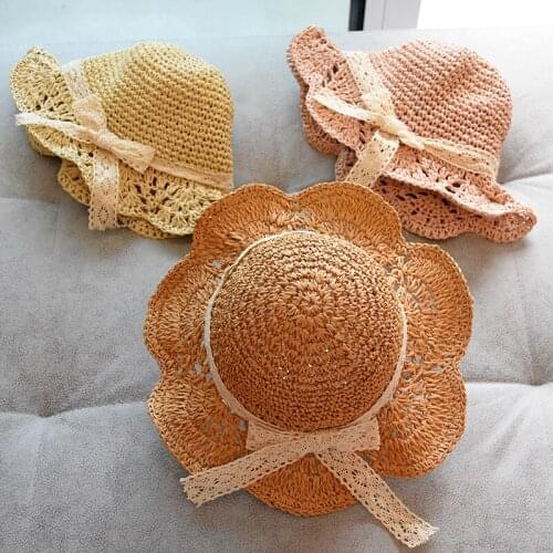 New Korean style Breathable childrens sunscreen beach lace fishermans sun straw hat in spring and summer of Bow sunhat