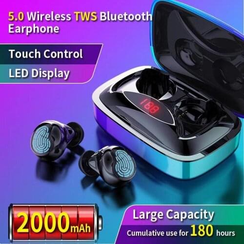 TWS bluetooth 5.0 earphone mini Wireless Earphones with 2000mAh LED power display touch button noise reduction Sport Headset