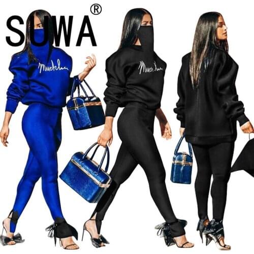 Street Wear O Neck Women Set Letter Print Full Sleeve Slim Fit Two Pieces Matching Suit