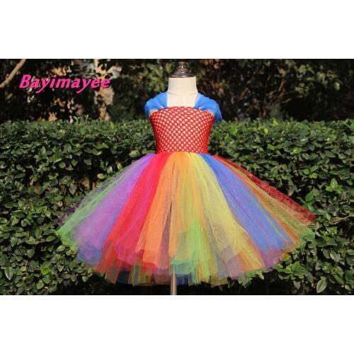 Rainbow Color Girls Crochet Tutu Dress Kids Handmade Fluffy Tulle Tutu Ball Gown with Blue Shoulder Children Wedding Party Dress