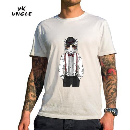 YK UNCLE Brand 2017 New Fashion Animal Tiger Gentleman Printed Mens T-shirts O-neck Cotton Short Sleeve White S-3XL Men T shirt