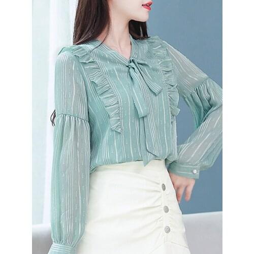 Blouse Women Blusas Mujer De Moda 2021 Ruffles Bow V-neck Striped Chiffon Blouse Shirt Long Sleeve Women Shirts Tops Blusa D422