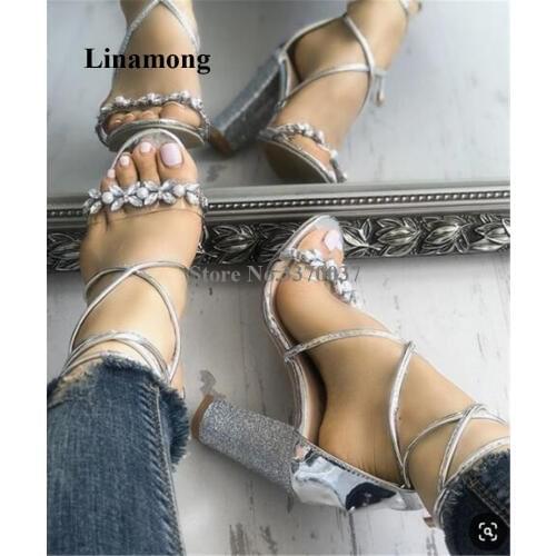 Bling Bling Women Rhinestone Open Toe Chunky Heel Gladiator Sandals Straps-up Crystal Beaded Thick Heel Sandals Wedding Heels