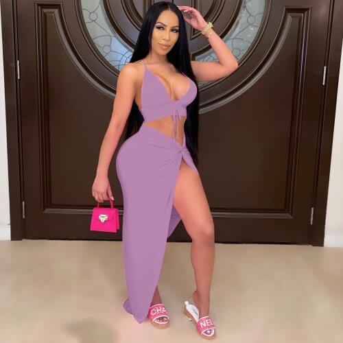 2021 New Arrival Famous Brand 2 pcs Women Set Solid Spaghetti Strap Short Tops Ruched Maxi Dress Sexy outfits