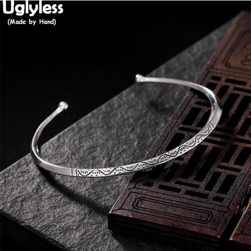 Uglyless 100% Real 925 Sterling Silver Triangle Bangles for Women Handmade Wave Patterns Thin Bangle Ethnic Thai Silver Bracelet