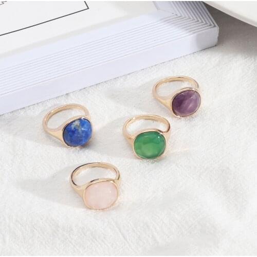 Fashion Pink Rose Quartz Healing Crystal Rings Geometric Gold Plated Purple Blue Green Natural Stone Ring for Women Jewelry Gift