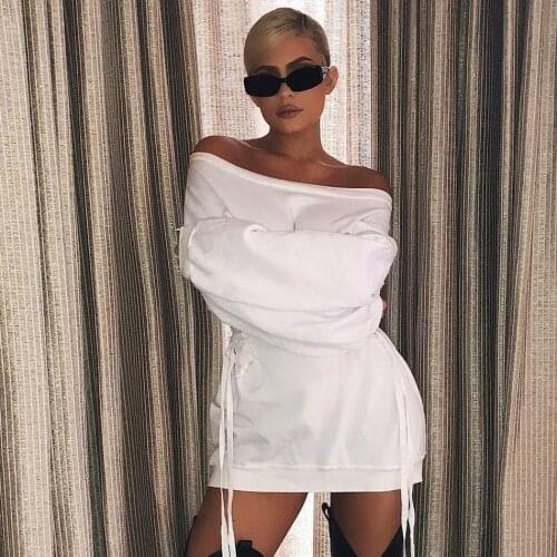 Glamorous Lace Up Slash Neck Sweatshirt Dress KylieJenner White Long Sleeve Solid Off The Shoulder Sexy Mini Women Dress