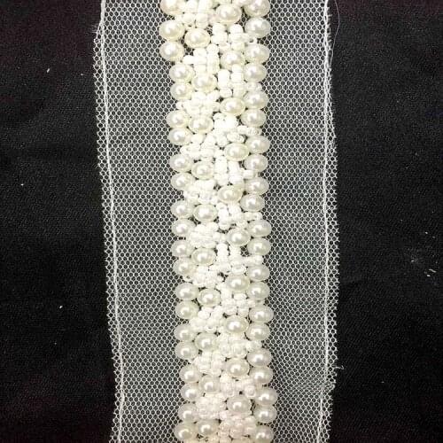 2Yards 4.5cm White Pearl Beaded Rhinestones Mesh Lace Applique Braided Lace Ribbon Trim Collar For Wedding Dress Bride Belt