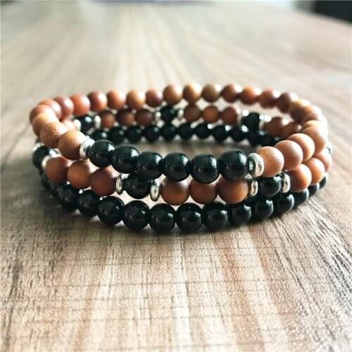 6MM AAA Black Onyx & Sandalwood Bracelet Stack 3pc Set Stack Natural Stone Wrist Mala Bracelet fashion Gift For Friend Family