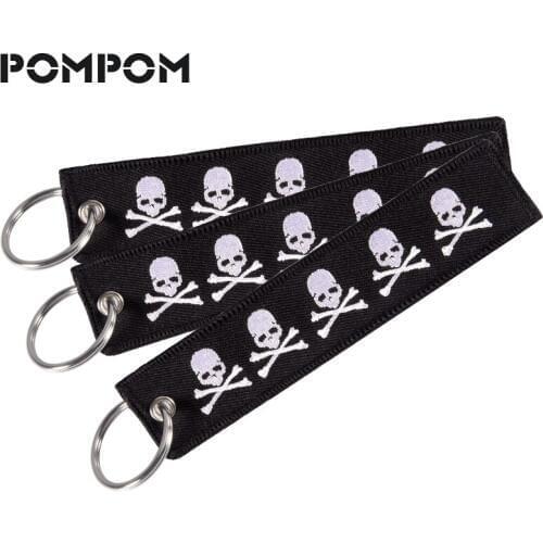 3pcs/lot POMPOM Double-side Embroidery Dangerous Skull Keychain for Motorcycles And Cars Gift OEM Porte Clef Cool Keyring bijoux