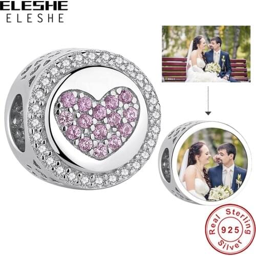 ELESHE Custom Photo Round Charm with Pink CZ Heart 925 Sterling Silver Fine Beads Fit Original Charms Bracelet DIY Jewelry