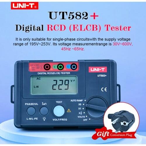 UNI-T UT582+ Digital RCD (ELCB) Tester AUTO RAMP Leakage Circuit Breaker Meter with Mis-Operation Buzzer