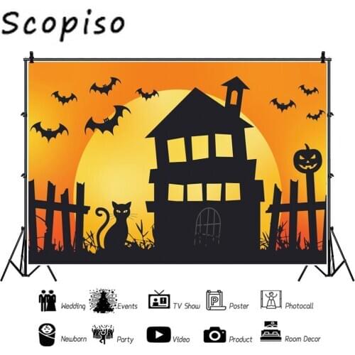 Scopiso Halloween Backdrop Moon Castle Bat Pumpkin Lantern Cartoon Vinyl Photography Background Photo Studio Photophone Props