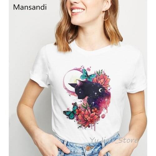 Black Sphynx cat butterflies flowers deer t shirt women summer top female animal print tee shirt femme camiseta mujer t-shirt
