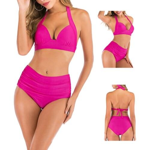 S/M/ XL/2XL/ 3XL Women Sexy Soild Print Bikini Set Push Up Bathing Halter 2021 New triangle Swimwear female High waist Swimsuit