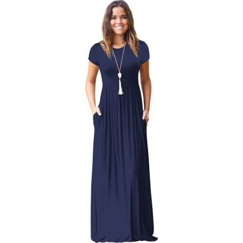 Summer women short sleeve tunic plain maxi dress Casual long dresses with pocket Plus size 2xl purple green black burgundy dress