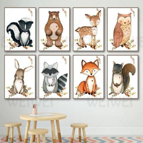 Cartoon Small Animal Canvas Poster Bear Deer Little Raccoon Fox Squirrel Rabbit Childrens Room Wall Home Decoration Painting