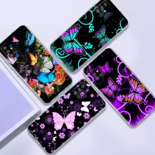 Soft TPU Case For Samsung Galaxy A51 A21s A52 A71 A12 A31 A41 A32 A02s M31 A11 A72 Clear Phone Cover Purple Glitter Butterfly