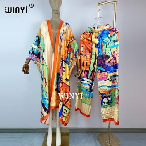 2021 New Fashion Africa two-piece suit Boho Printed Over Size Traf Robe Kimonno Dress Women Elastic Silk Floor Length Caftan