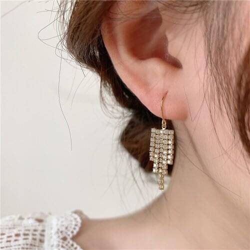 Korea New Design Fashion Jewelry 14K Real Gold Plating Simple Crystal Tassel Earrings Elegant Womens Wedding Earrings