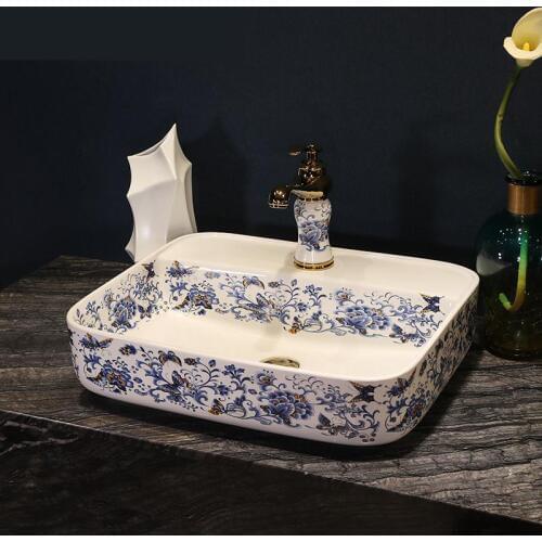 Oval Europe Vintage Style Ceramic Art Basin Sinks Counter Top Vessel Sinks blue and white ceramic Wash Basin Bathroom